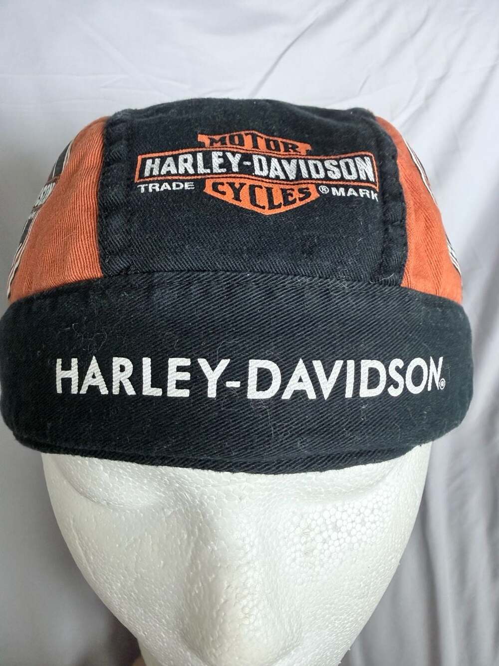 Harley-Davidson Black and Orange Color Block Genuine Motor Oil Doo Rag Skull Cap
